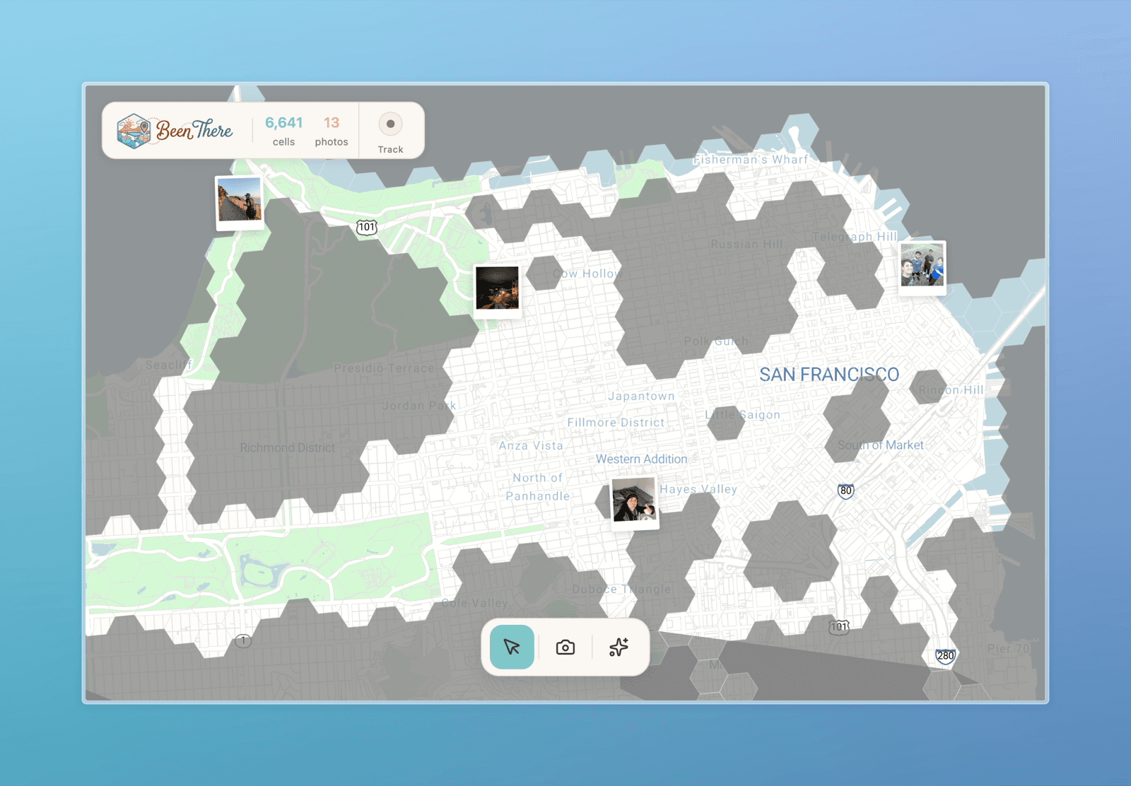 Been There map of San Francisco with visited cells and photo pins