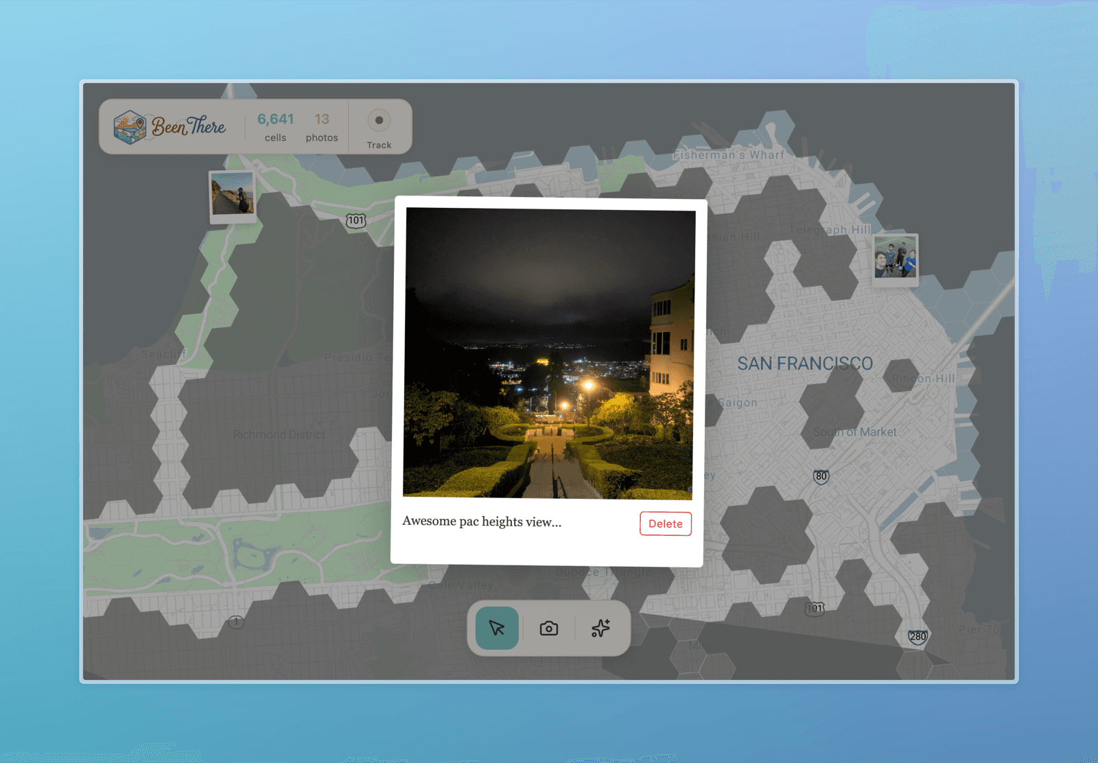A Been There Polaroid photo memory opened on the map