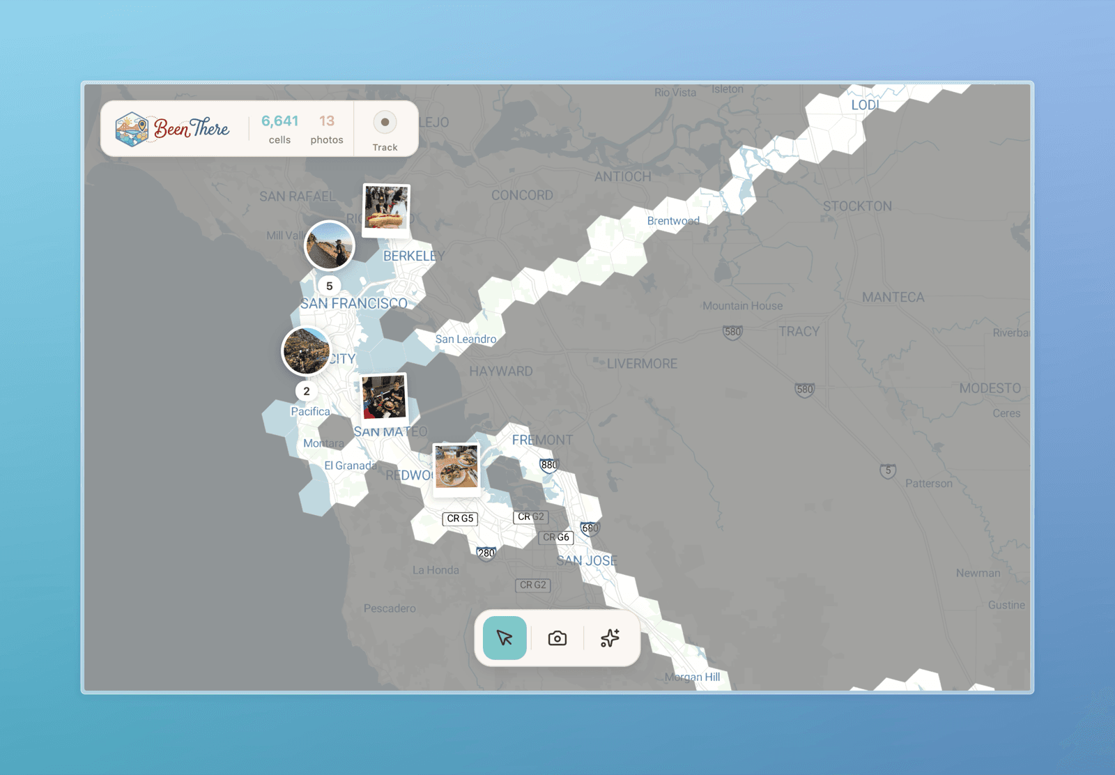 Been There regional map showing visited areas across the Bay Area